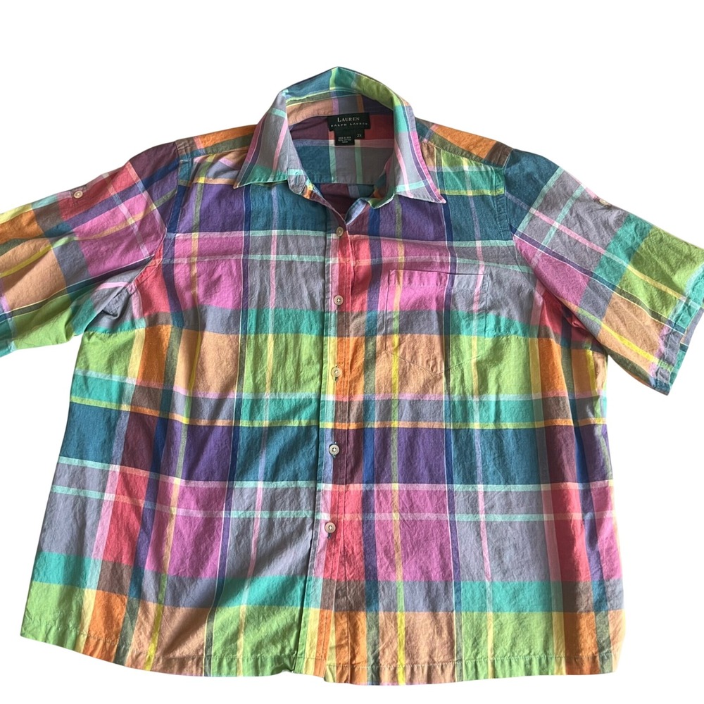 Lauren Ralph Lauren Womens 2X Plaid Button Down Shirt Multi Color Cotton Preppy